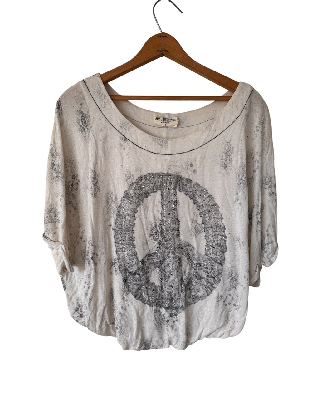 MM Unplugged Peace Sign Top S Boho Rhinestone Lace Print Dolman Blouse